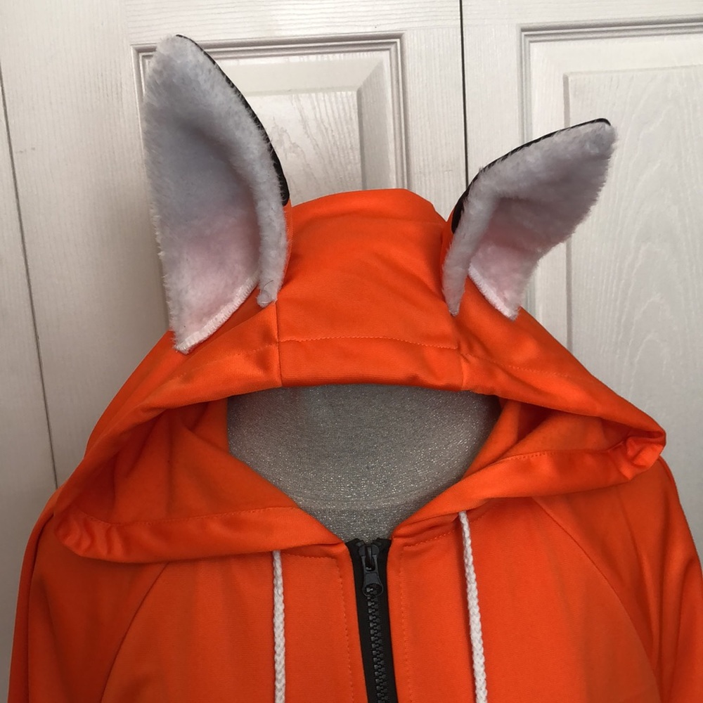 🧡🖤 Orange & Black Hoodie with Ears | 2XL | Pom Pom Drawstrings - Picture 2 of 5